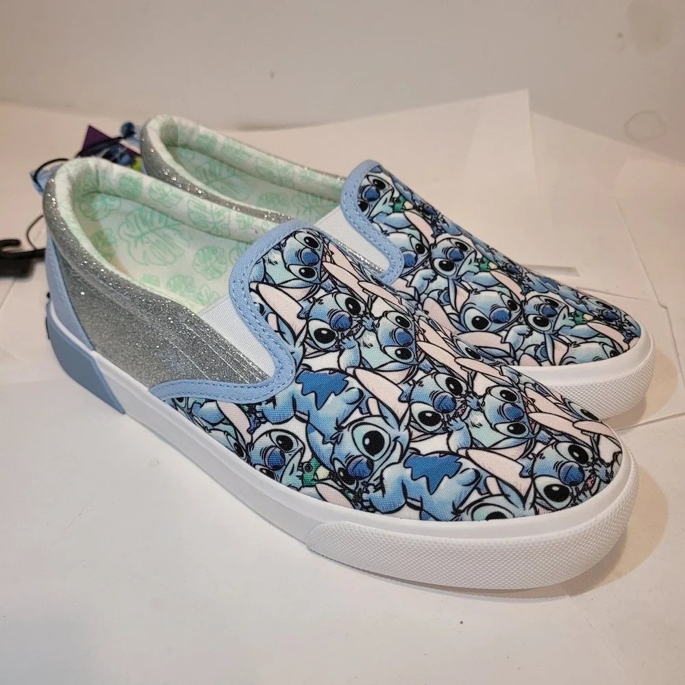 Disney Lilo & Stitch Girls Slip-On Sneakers Ground Up Blue Glitter Size 6 New